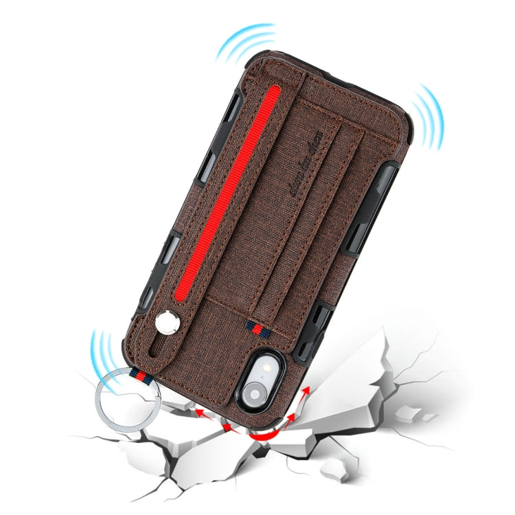 For iPhone XR Cloth Texture + TPU Shockproof Protective Case with Metal Ring & Holder & Card Slots & Hanging Strap