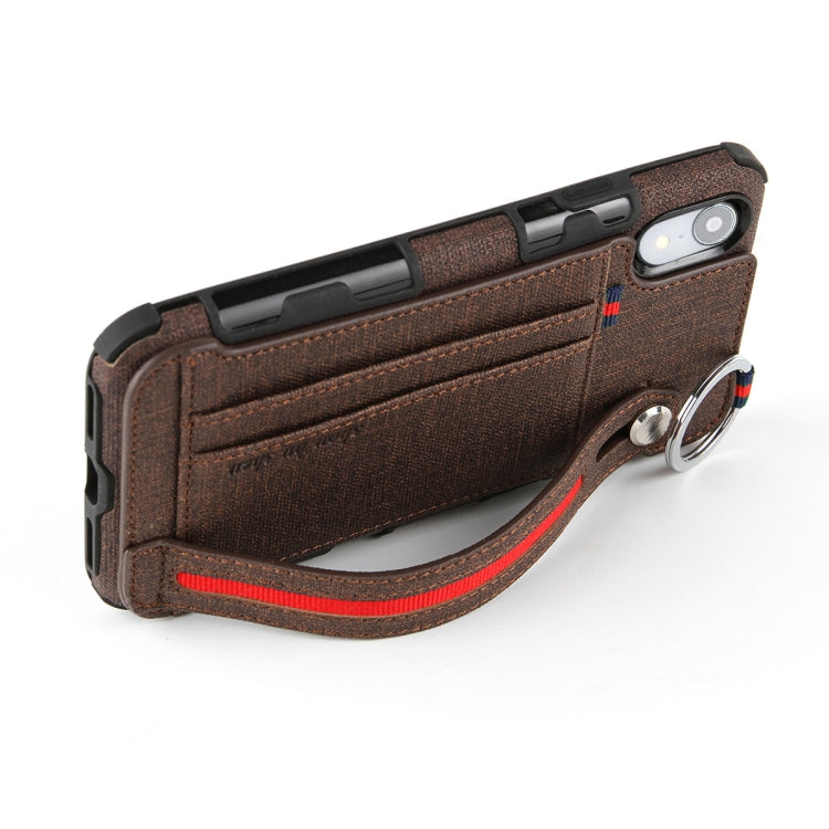 For iPhone XR Cloth Texture + TPU Shockproof Protective Case with Metal Ring & Holder & Card Slots & Hanging Strap
