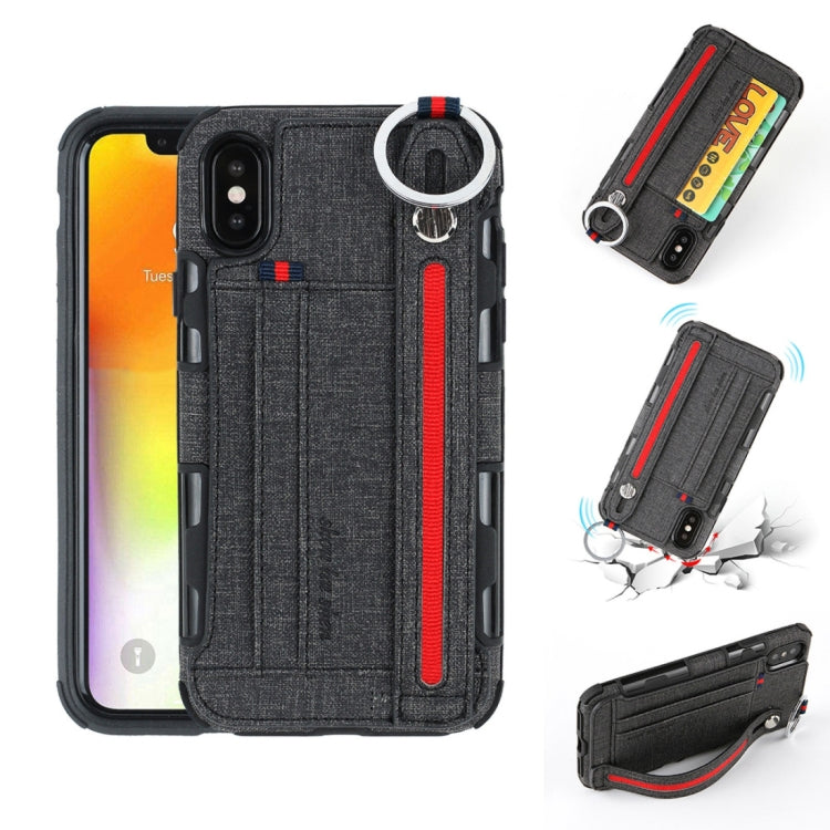For iPhone XS Max Cloth Texture + TPU Shockproof Protective Case with Metal Ring & Holder & Card Slots & Hanging Strap