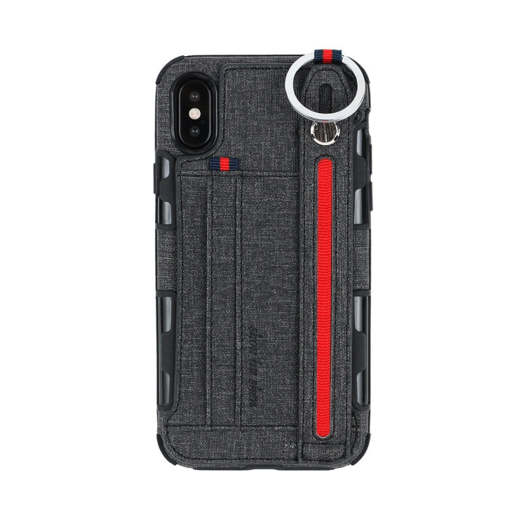 For iPhone XS Max Cloth Texture + TPU Shockproof Protective Case with Metal Ring & Holder & Card Slots & Hanging Strap