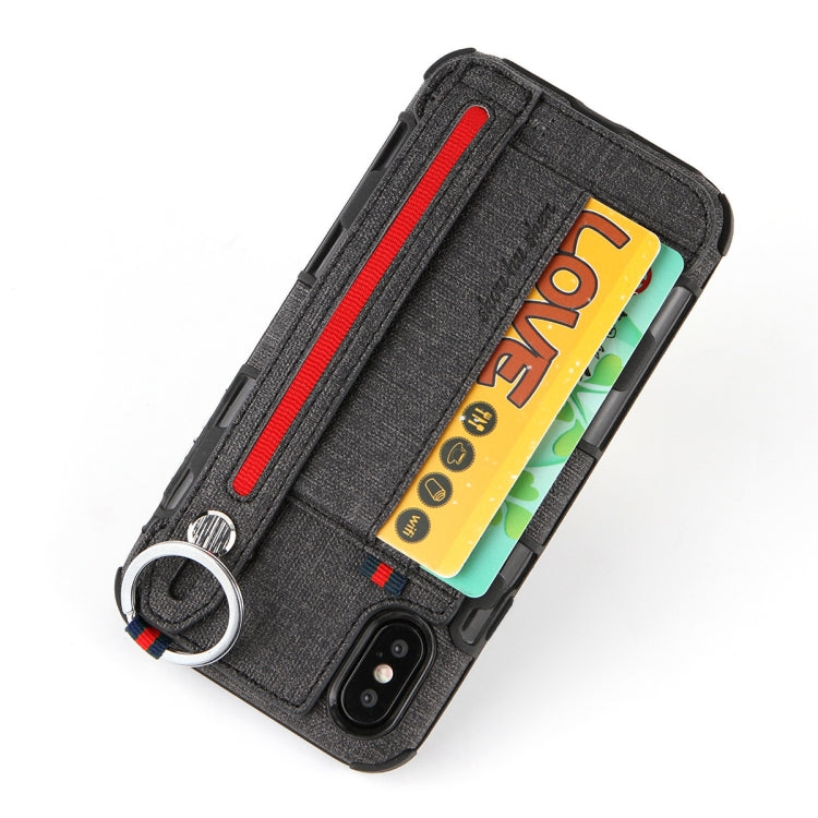 For iPhone XS Max Cloth Texture + TPU Shockproof Protective Case with Metal Ring & Holder & Card Slots & Hanging Strap
