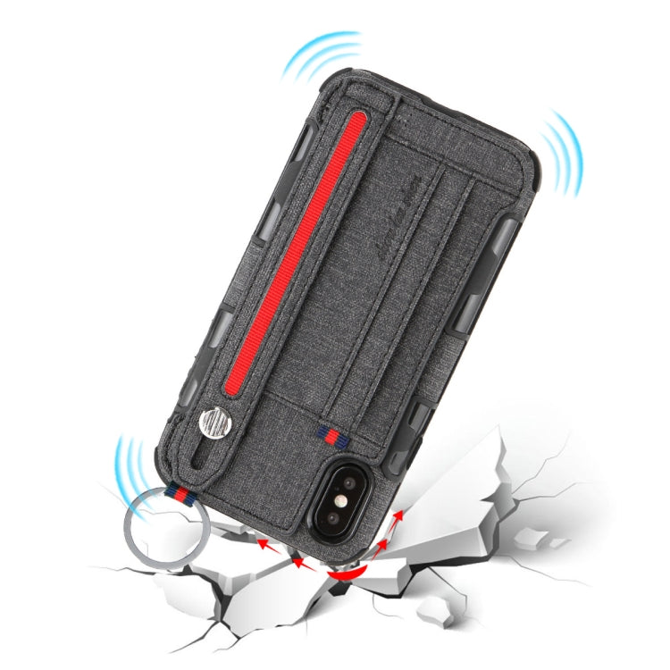 For iPhone XS Max Cloth Texture + TPU Shockproof Protective Case with Metal Ring & Holder & Card Slots & Hanging Strap