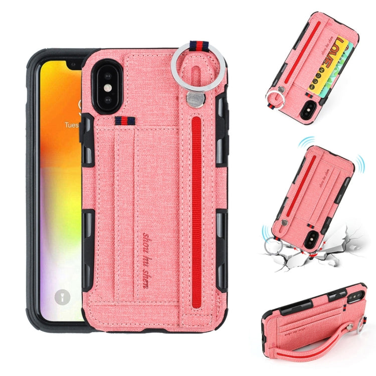 For iPhone XS Max Cloth Texture + TPU Shockproof Protective Case with Metal Ring & Holder & Card Slots & Hanging Strap