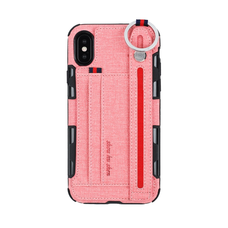 For iPhone XS Max Cloth Texture + TPU Shockproof Protective Case with Metal Ring & Holder & Card Slots & Hanging Strap