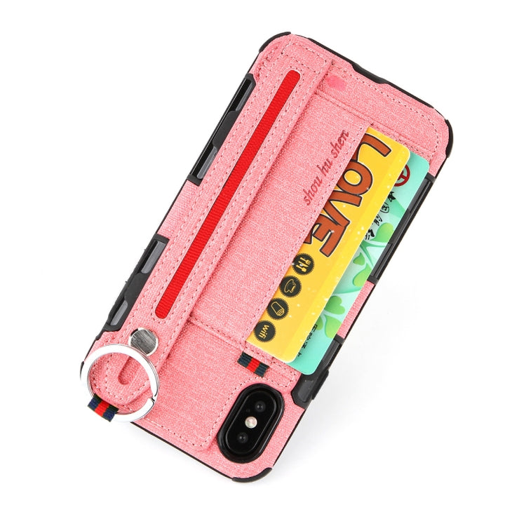 For iPhone XS Max Cloth Texture + TPU Shockproof Protective Case with Metal Ring & Holder & Card Slots & Hanging Strap