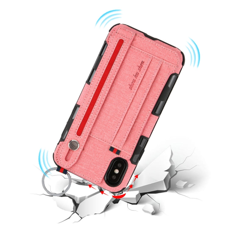 For iPhone XS Max Cloth Texture + TPU Shockproof Protective Case with Metal Ring & Holder & Card Slots & Hanging Strap