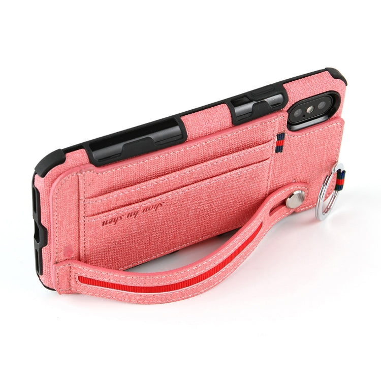 For iPhone XS Max Cloth Texture + TPU Shockproof Protective Case with Metal Ring & Holder & Card Slots & Hanging Strap