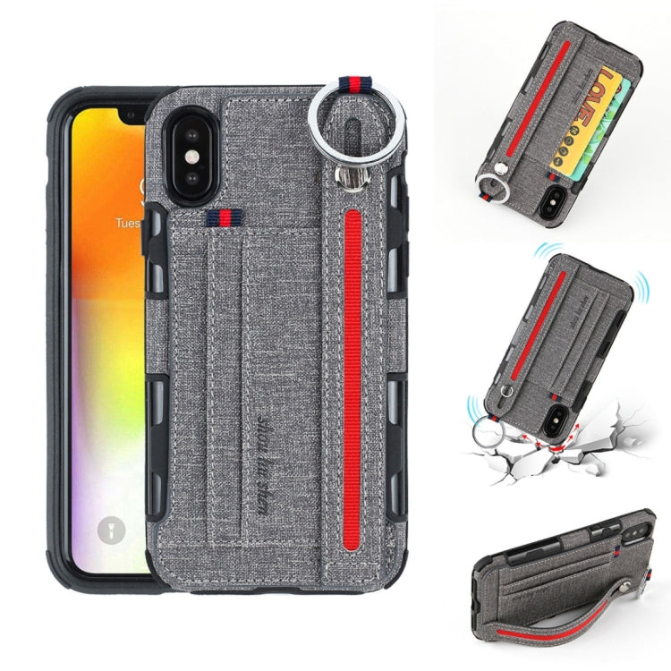 For iPhone XS Max Cloth Texture + TPU Shockproof Protective Case with Metal Ring & Holder & Card Slots & Hanging Strap