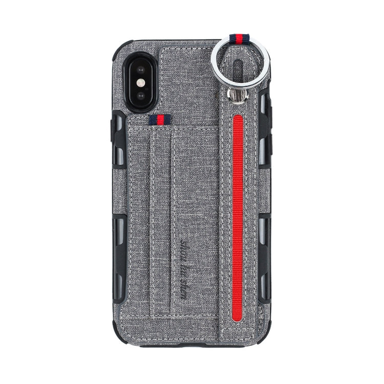 For iPhone XS Max Cloth Texture + TPU Shockproof Protective Case with Metal Ring & Holder & Card Slots & Hanging Strap