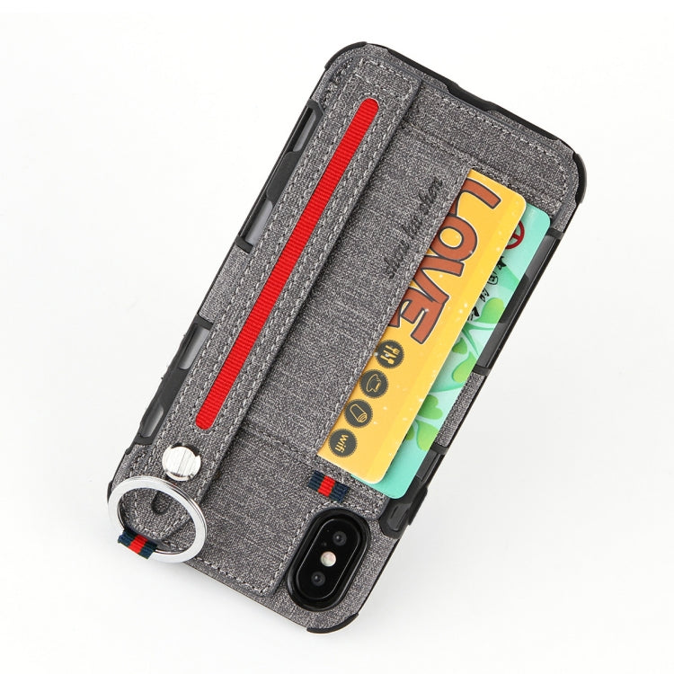 For iPhone XS Max Cloth Texture + TPU Shockproof Protective Case with Metal Ring & Holder & Card Slots & Hanging Strap
