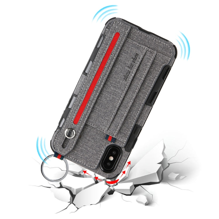 For iPhone XS Max Cloth Texture + TPU Shockproof Protective Case with Metal Ring & Holder & Card Slots & Hanging Strap