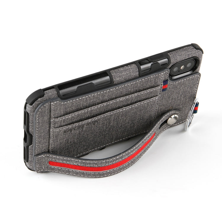 For iPhone XS Max Cloth Texture + TPU Shockproof Protective Case with Metal Ring & Holder & Card Slots & Hanging Strap