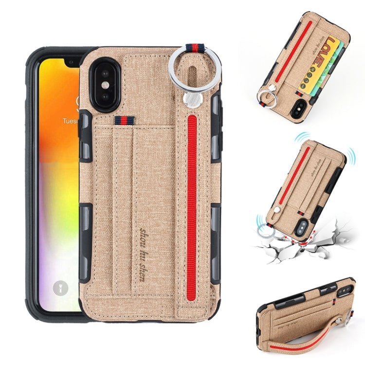 For iPhone XS Max Cloth Texture + TPU Shockproof Protective Case with Metal Ring & Holder & Card Slots & Hanging Strap