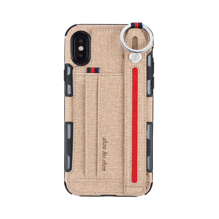 For iPhone XS Max Cloth Texture + TPU Shockproof Protective Case with Metal Ring & Holder & Card Slots & Hanging Strap
