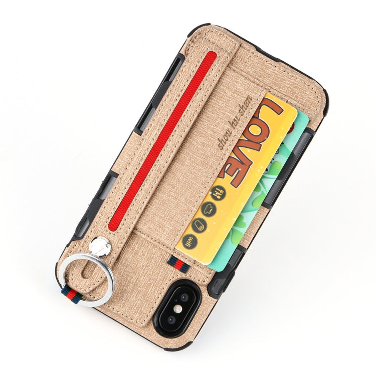 For iPhone XS Max Cloth Texture + TPU Shockproof Protective Case with Metal Ring & Holder & Card Slots & Hanging Strap