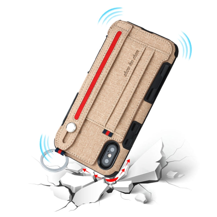 For iPhone XS Max Cloth Texture + TPU Shockproof Protective Case with Metal Ring & Holder & Card Slots & Hanging Strap