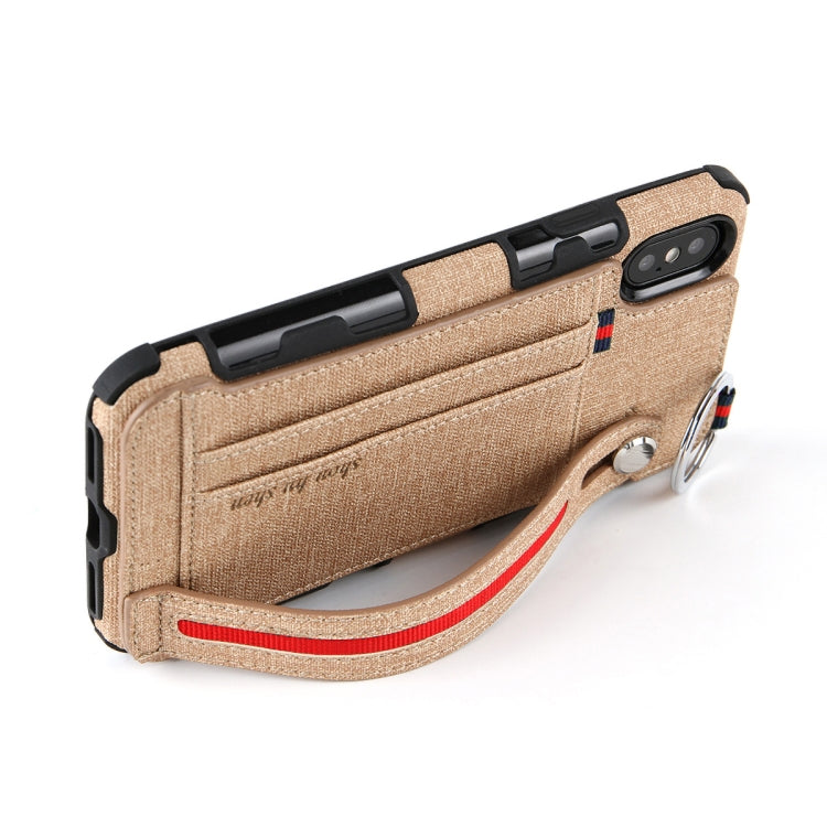For iPhone XS Max Cloth Texture + TPU Shockproof Protective Case with Metal Ring & Holder & Card Slots & Hanging Strap