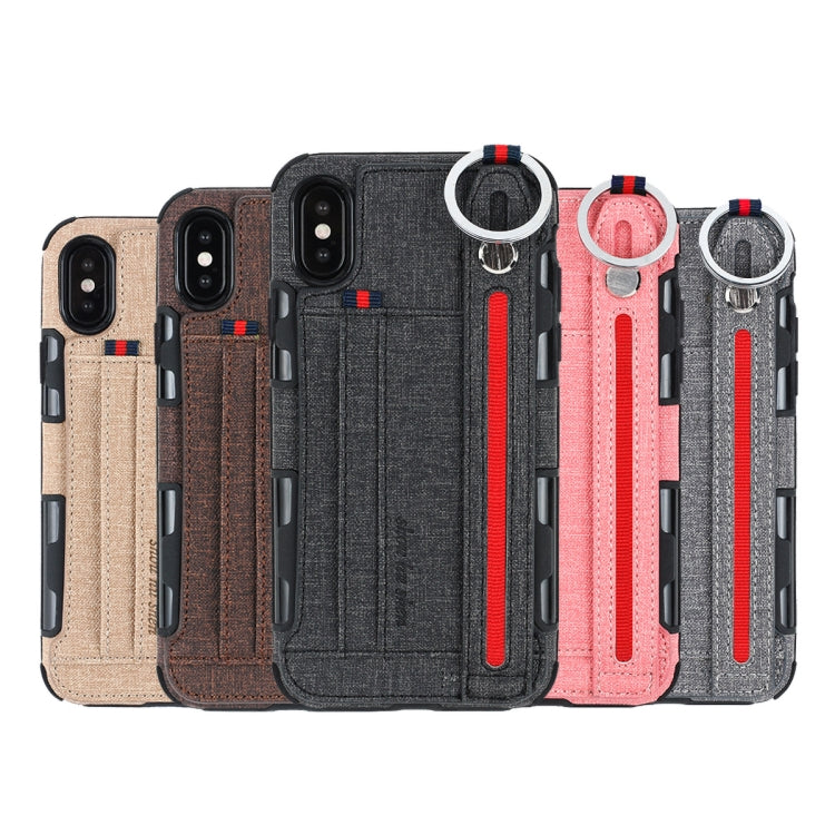 For iPhone XS Max Cloth Texture + TPU Shockproof Protective Case with Metal Ring & Holder & Card Slots & Hanging Strap