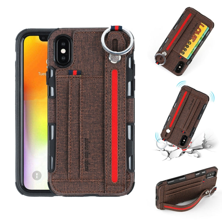 For iPhone XS Max Cloth Texture + TPU Shockproof Protective Case with Metal Ring & Holder & Card Slots & Hanging Strap