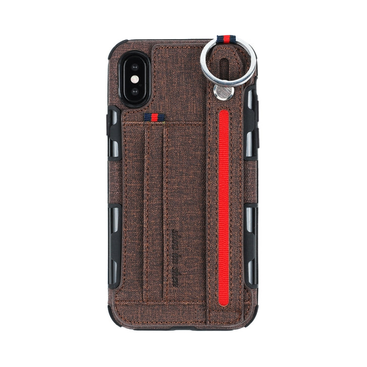 For iPhone XS Max Cloth Texture + TPU Shockproof Protective Case with Metal Ring & Holder & Card Slots & Hanging Strap