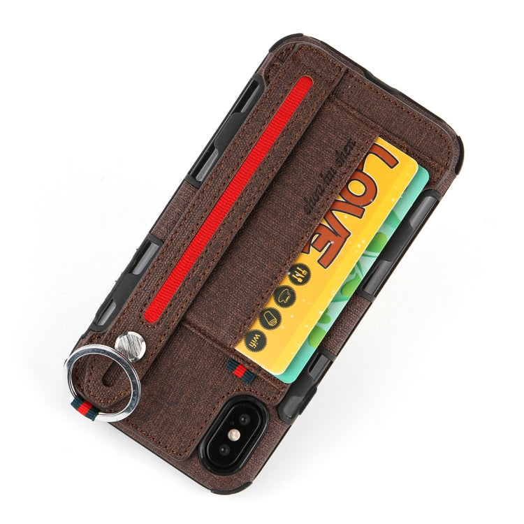 For iPhone XS Max Cloth Texture + TPU Shockproof Protective Case with Metal Ring & Holder & Card Slots & Hanging Strap