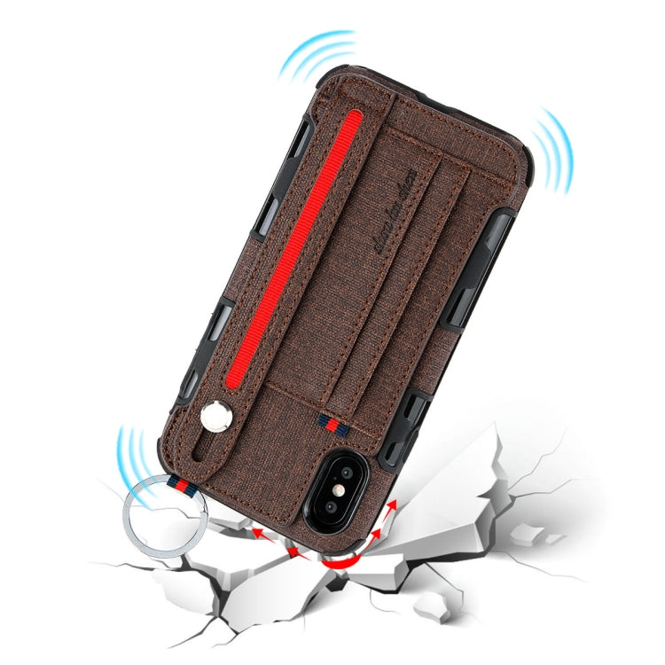 For iPhone XS Max Cloth Texture + TPU Shockproof Protective Case with Metal Ring & Holder & Card Slots & Hanging Strap