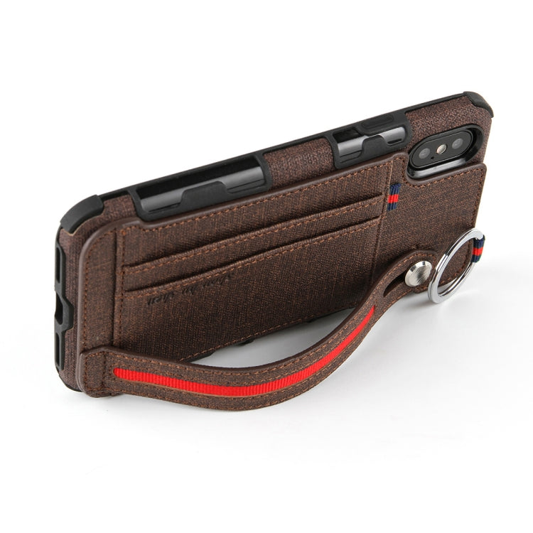 For iPhone XS Max Cloth Texture + TPU Shockproof Protective Case with Metal Ring & Holder & Card Slots & Hanging Strap