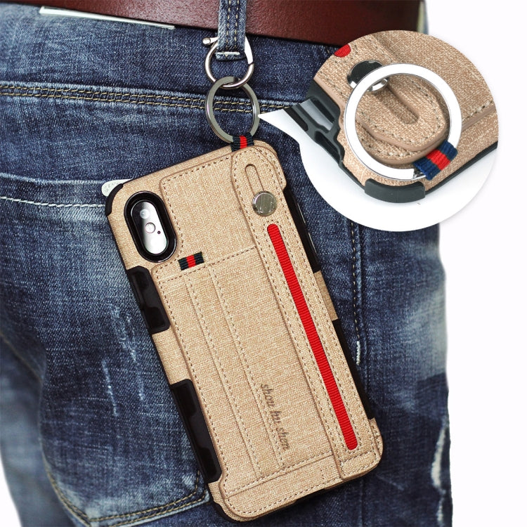 For iPhone XS Max Cloth Texture + TPU Shockproof Protective Case with Metal Ring & Holder & Card Slots & Hanging Strap