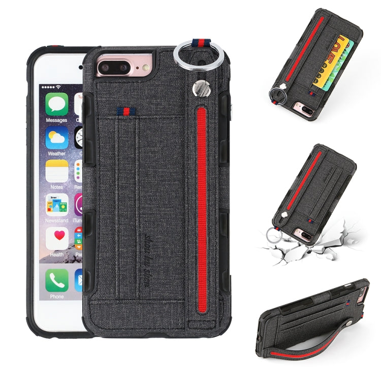 For iPhone 8 Plus & 7 Plus Cloth Texture + TPU Shockproof Protective Case with Metal Ring & Holder & Card Slots & Hanging Strap