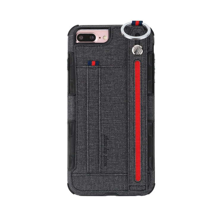 For iPhone 8 Plus & 7 Plus Cloth Texture + TPU Shockproof Protective Case with Metal Ring & Holder & Card Slots & Hanging Strap