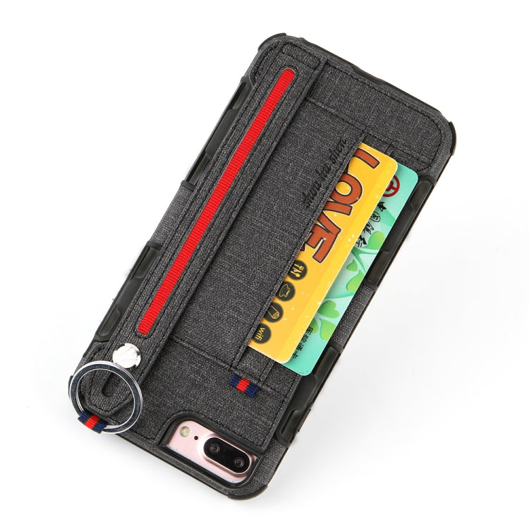 For iPhone 8 Plus & 7 Plus Cloth Texture + TPU Shockproof Protective Case with Metal Ring & Holder & Card Slots & Hanging Strap