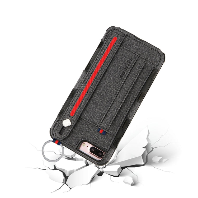 For iPhone 8 Plus & 7 Plus Cloth Texture + TPU Shockproof Protective Case with Metal Ring & Holder & Card Slots & Hanging Strap