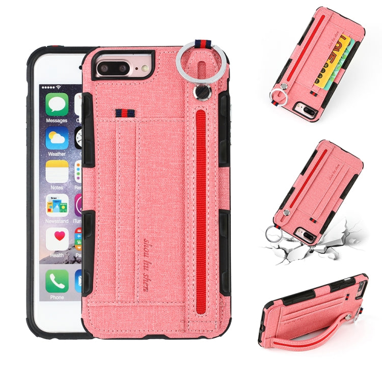 For iPhone 8 Plus & 7 Plus Cloth Texture + TPU Shockproof Protective Case with Metal Ring & Holder & Card Slots & Hanging Strap