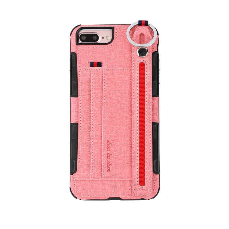 For iPhone 8 Plus & 7 Plus Cloth Texture + TPU Shockproof Protective Case with Metal Ring & Holder & Card Slots & Hanging Strap