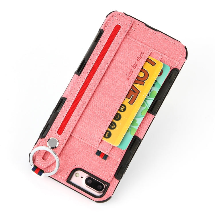 For iPhone 8 Plus & 7 Plus Cloth Texture + TPU Shockproof Protective Case with Metal Ring & Holder & Card Slots & Hanging Strap