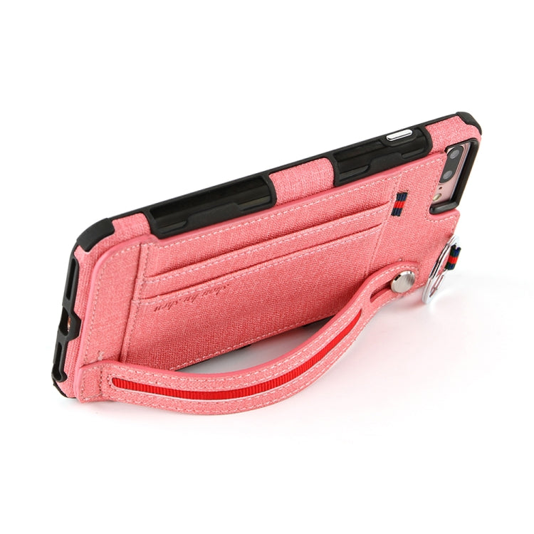 For iPhone 8 Plus & 7 Plus Cloth Texture + TPU Shockproof Protective Case with Metal Ring & Holder & Card Slots & Hanging Strap
