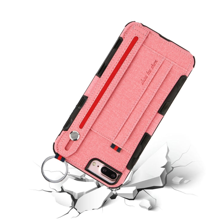 For iPhone 8 Plus & 7 Plus Cloth Texture + TPU Shockproof Protective Case with Metal Ring & Holder & Card Slots & Hanging Strap