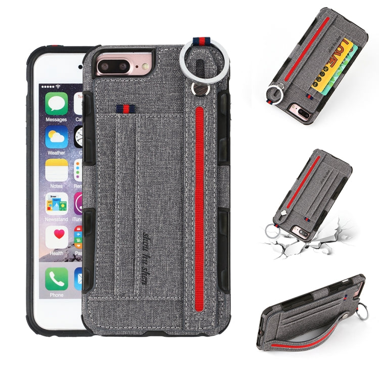 For iPhone 8 Plus & 7 Plus Cloth Texture + TPU Shockproof Protective Case with Metal Ring & Holder & Card Slots & Hanging Strap