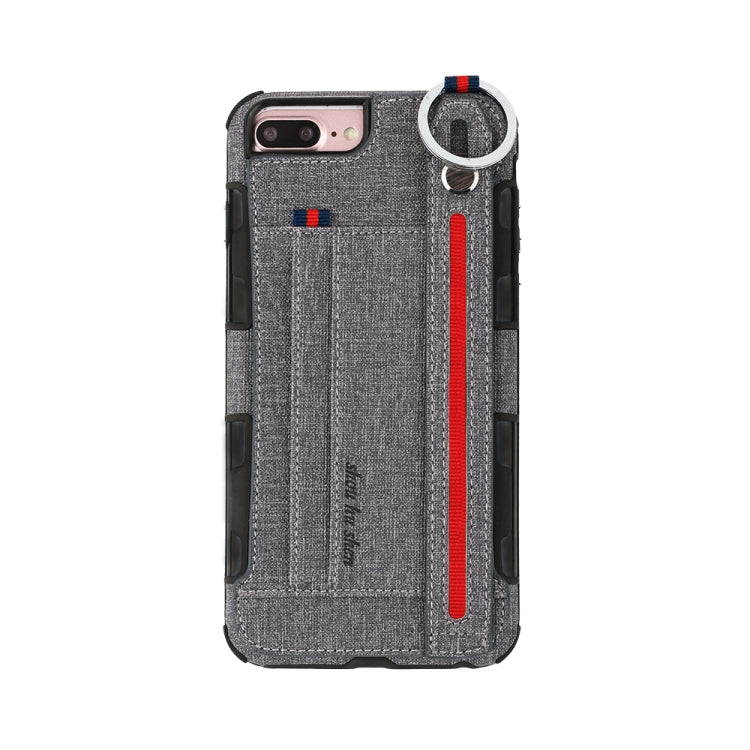 For iPhone 8 Plus & 7 Plus Cloth Texture + TPU Shockproof Protective Case with Metal Ring & Holder & Card Slots & Hanging Strap