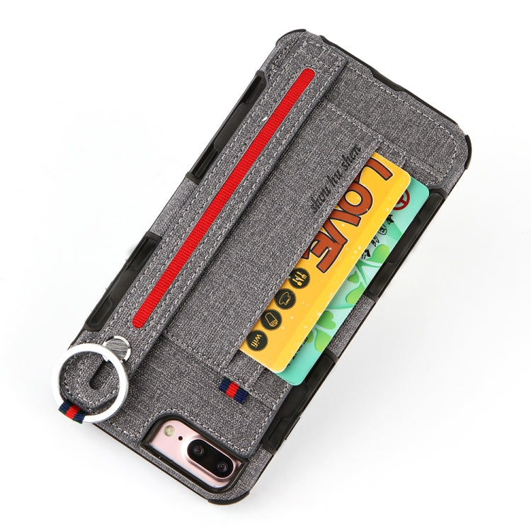 For iPhone 8 Plus & 7 Plus Cloth Texture + TPU Shockproof Protective Case with Metal Ring & Holder & Card Slots & Hanging Strap