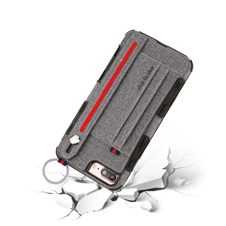 For iPhone 8 Plus & 7 Plus Cloth Texture + TPU Shockproof Protective Case with Metal Ring & Holder & Card Slots & Hanging Strap