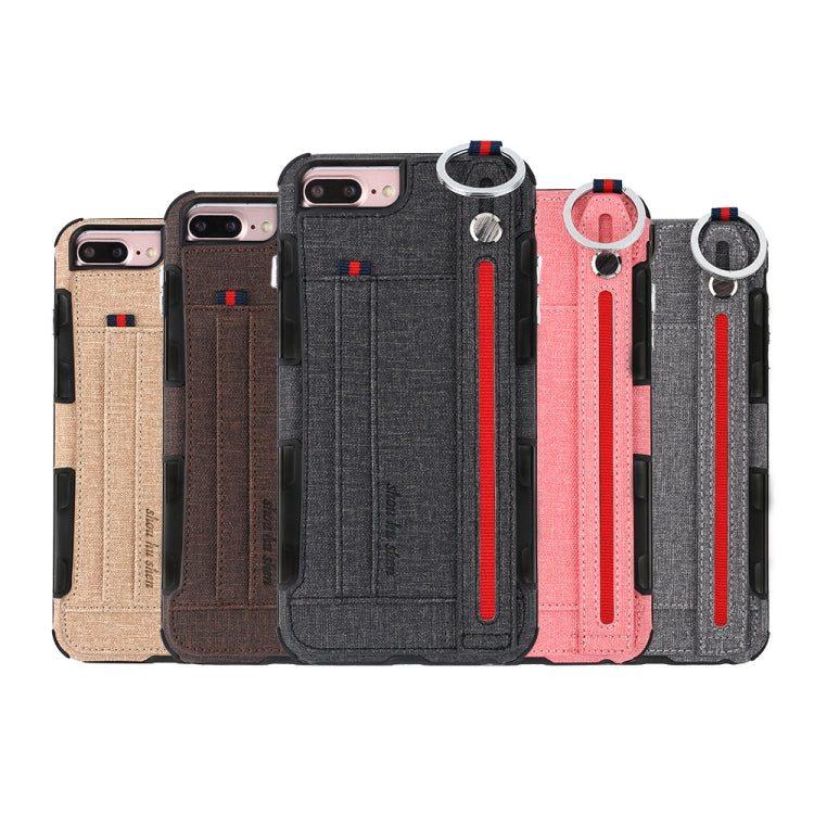 For iPhone 8 Plus & 7 Plus Cloth Texture + TPU Shockproof Protective Case with Metal Ring & Holder & Card Slots & Hanging Strap