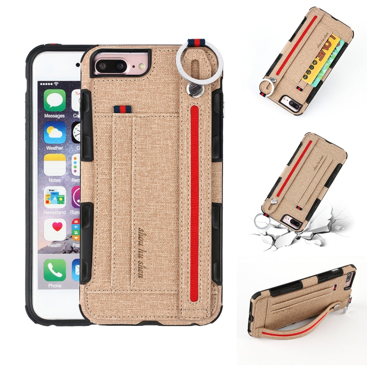 For iPhone 8 Plus & 7 Plus Cloth Texture + TPU Shockproof Protective Case with Metal Ring & Holder & Card Slots & Hanging Strap