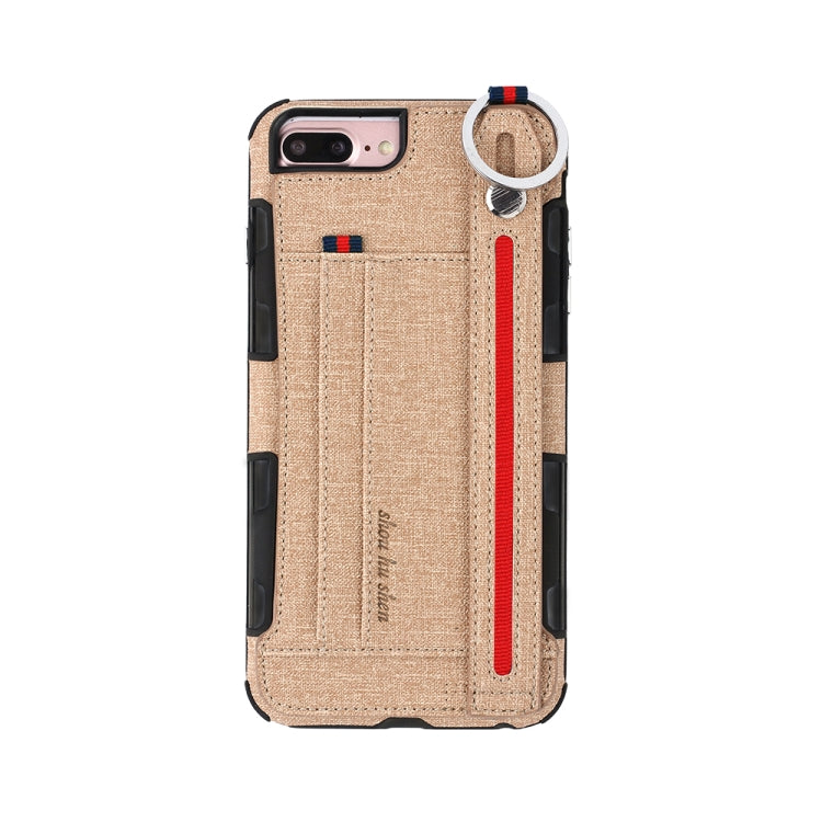 For iPhone 8 Plus & 7 Plus Cloth Texture + TPU Shockproof Protective Case with Metal Ring & Holder & Card Slots & Hanging Strap
