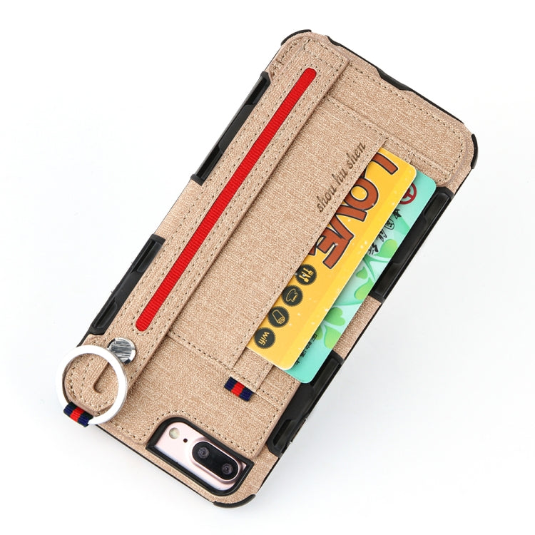 For iPhone 8 Plus & 7 Plus Cloth Texture + TPU Shockproof Protective Case with Metal Ring & Holder & Card Slots & Hanging Strap