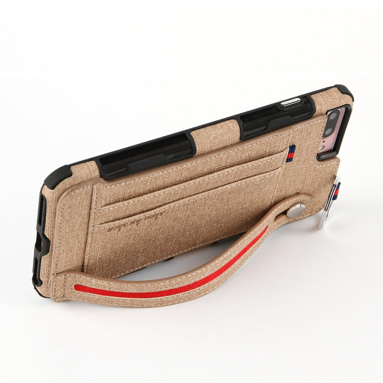 For iPhone 8 Plus & 7 Plus Cloth Texture + TPU Shockproof Protective Case with Metal Ring & Holder & Card Slots & Hanging Strap