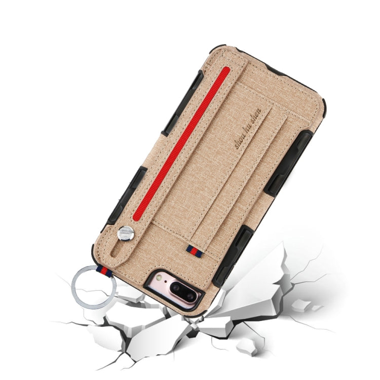 For iPhone 8 Plus & 7 Plus Cloth Texture + TPU Shockproof Protective Case with Metal Ring & Holder & Card Slots & Hanging Strap