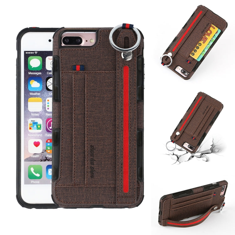 For iPhone 8 Plus & 7 Plus Cloth Texture + TPU Shockproof Protective Case with Metal Ring & Holder & Card Slots & Hanging Strap