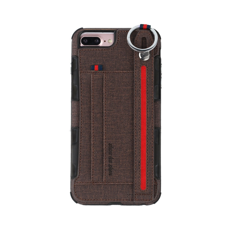 For iPhone 8 Plus & 7 Plus Cloth Texture + TPU Shockproof Protective Case with Metal Ring & Holder & Card Slots & Hanging Strap