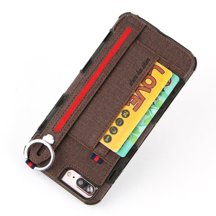 For iPhone 8 Plus & 7 Plus Cloth Texture + TPU Shockproof Protective Case with Metal Ring & Holder & Card Slots & Hanging Strap